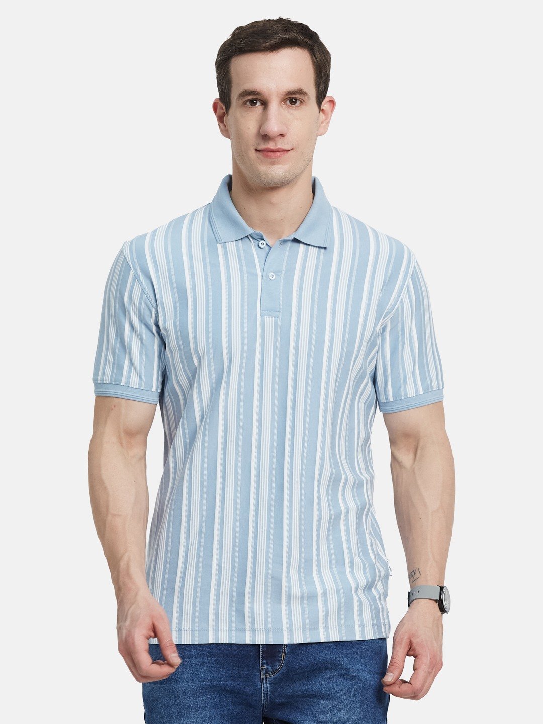 Men Oxford Blue VERTICAL STRIPE POLO NECK T-SHIRT