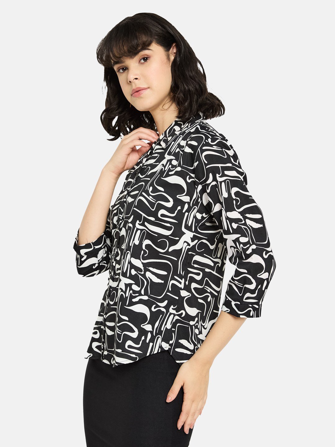 METTLE Women Black Abstract Printed Spread Collar Cotton Casual Shirt