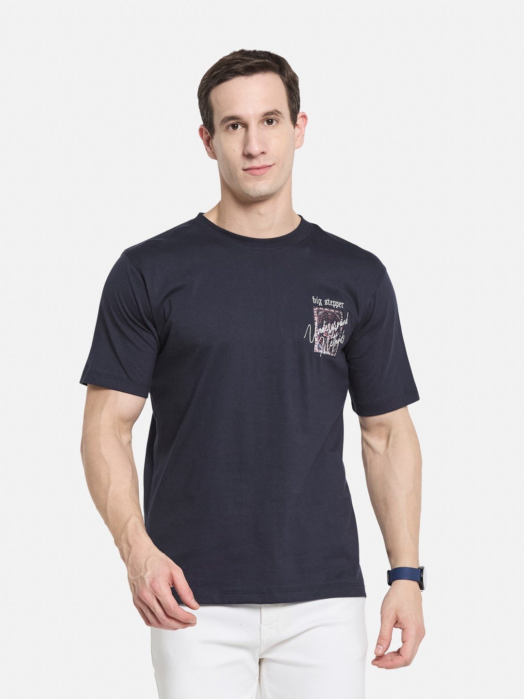 BACK  PRINT ROUND NECK SINGLE JERSEY KNIT T-SHIRT