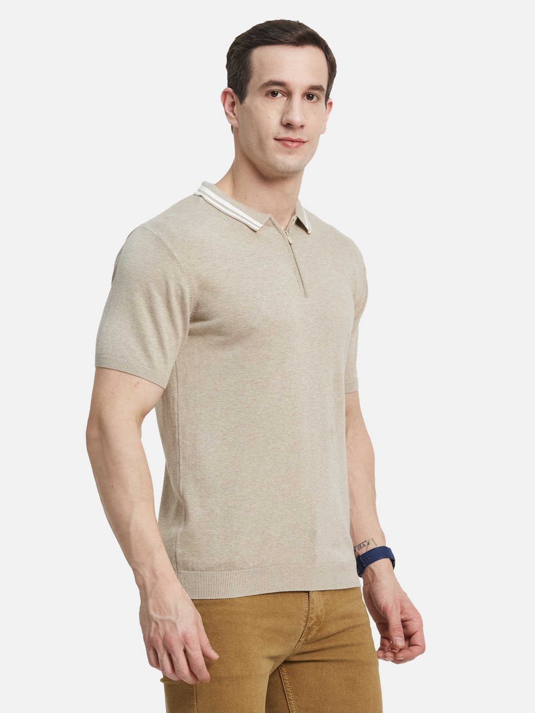 METTLE Men Solid Polo Collar Cotton T-shirt