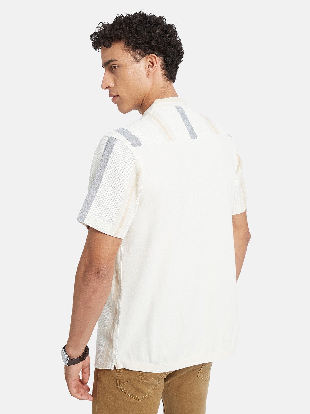 METTLE Men Striped Mandarin Collar Cotton T-shirt