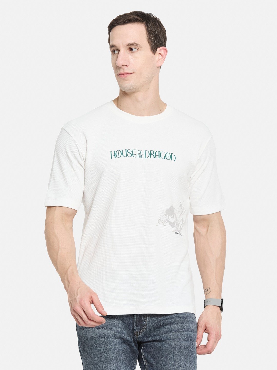 OVERSIZED WARNER BROTHERS BACK PRINT ROUND NECK WAFFLE KNIT T-SHIRT