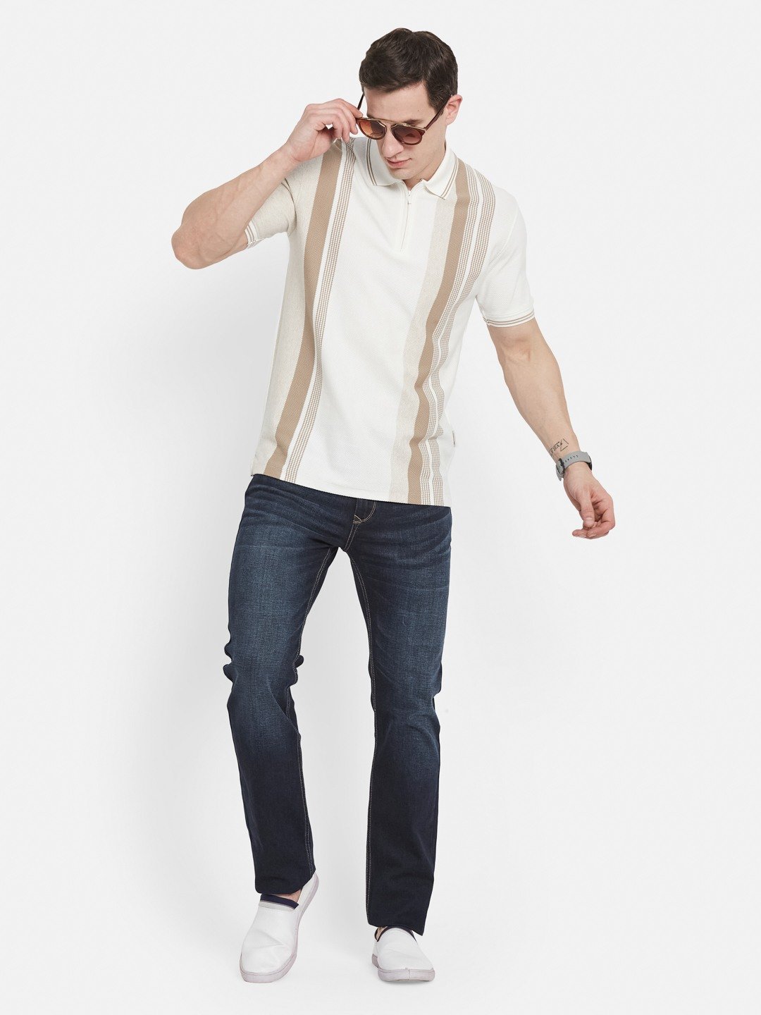 VERTICAL STRIPE  HALF-ZIP POLO NECK POPCORN KNIT LYCRA  T-SHIRT