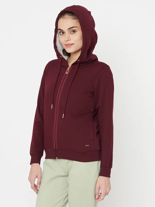 Mettle Women Maroon Hooded Sweatshirt