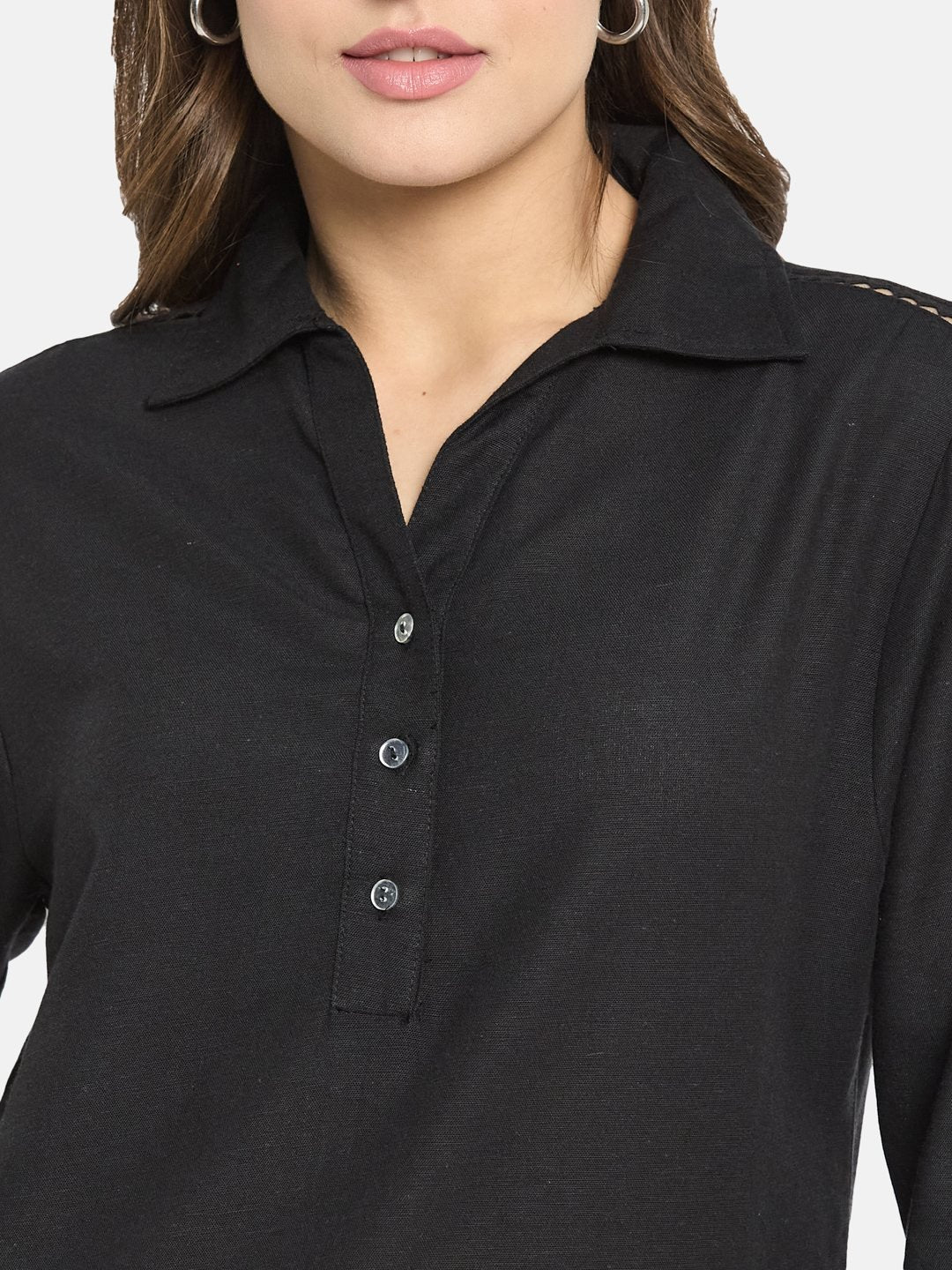 METTLE Women Black Cotton Shirt Collar Top