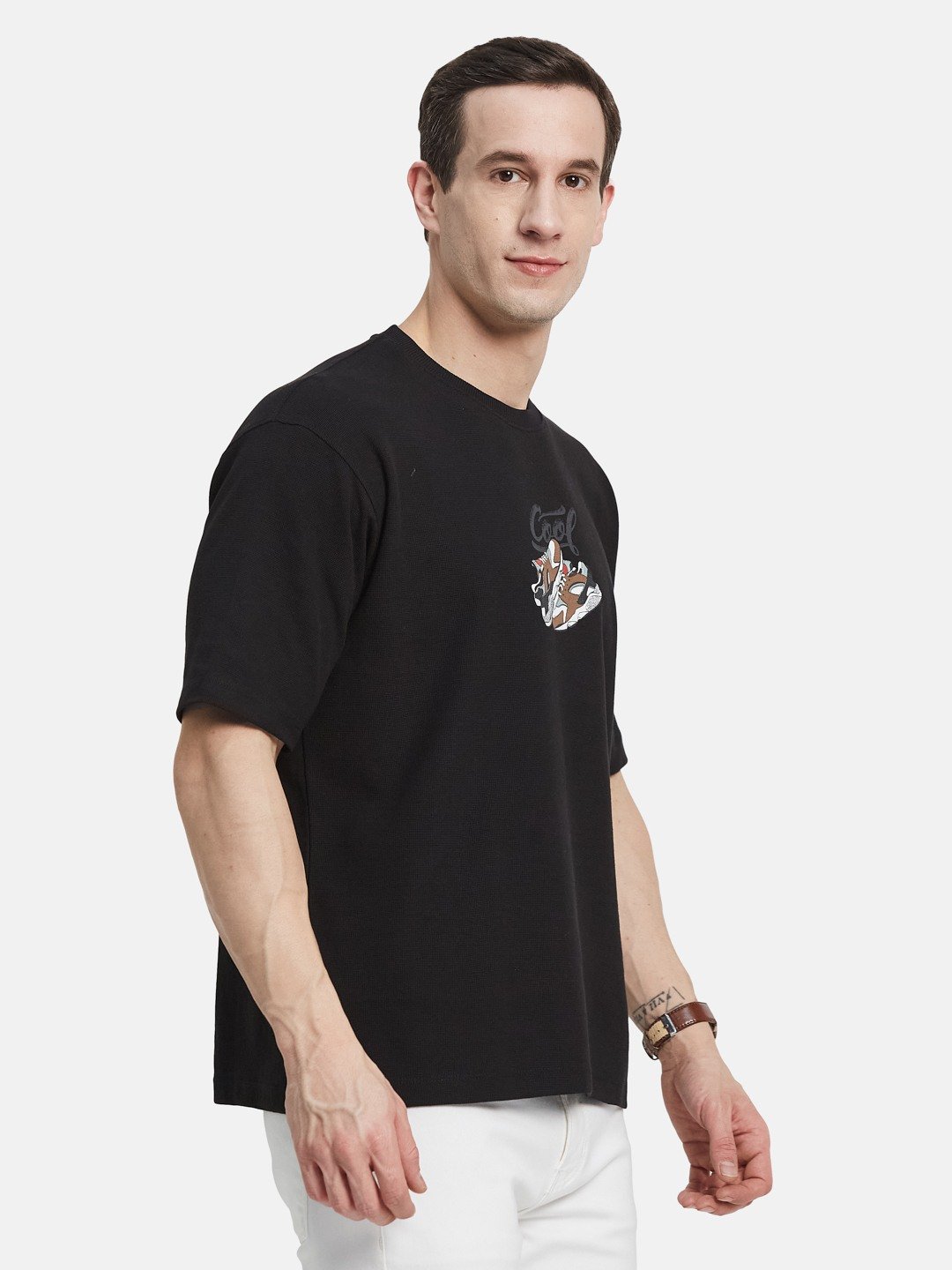 BACK PRINT ROUND NECK WAFFLE KNIT T-SHIRT
