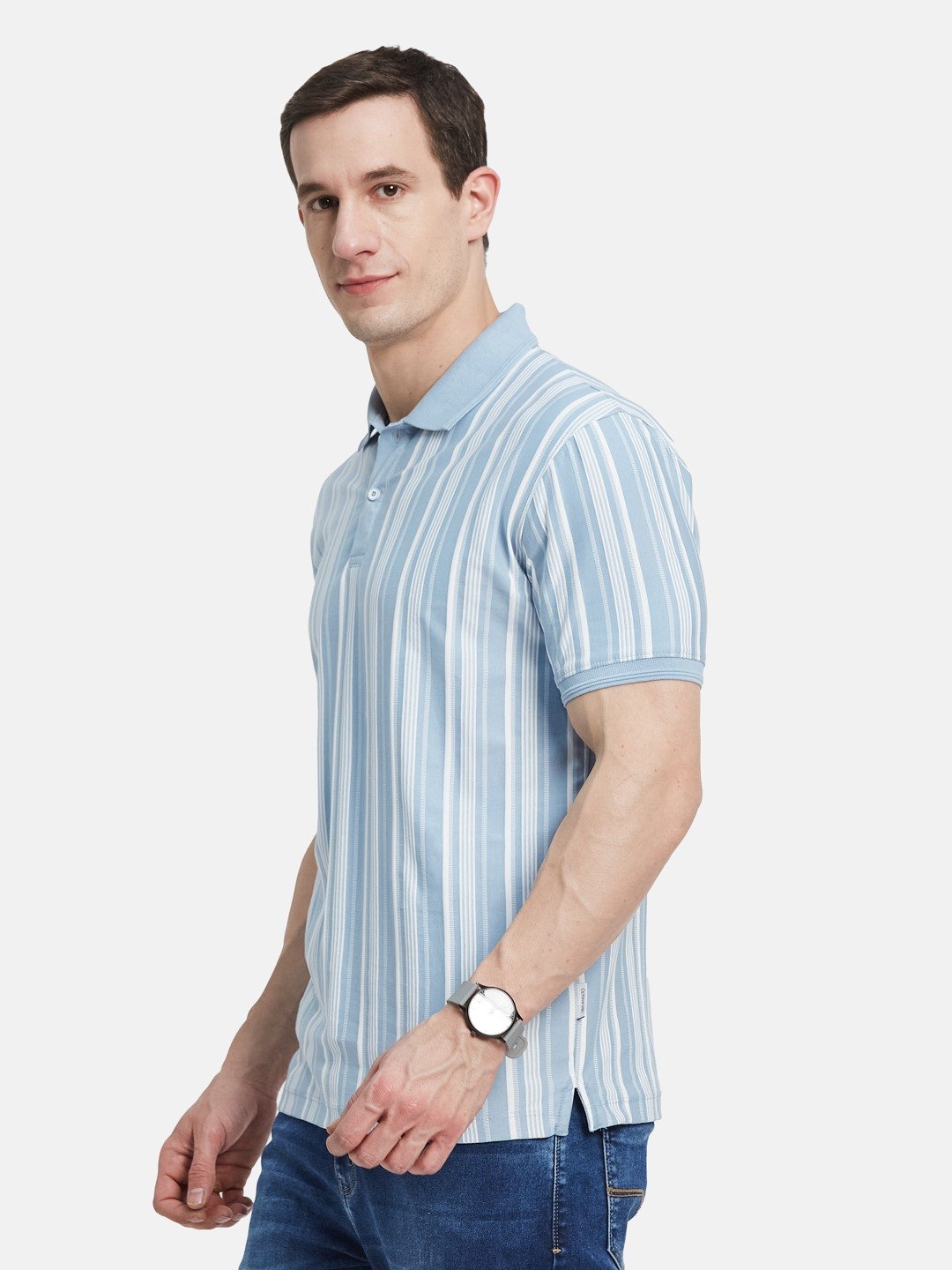 Men Oxford Blue VERTICAL STRIPE POLO NECK T-SHIRT
