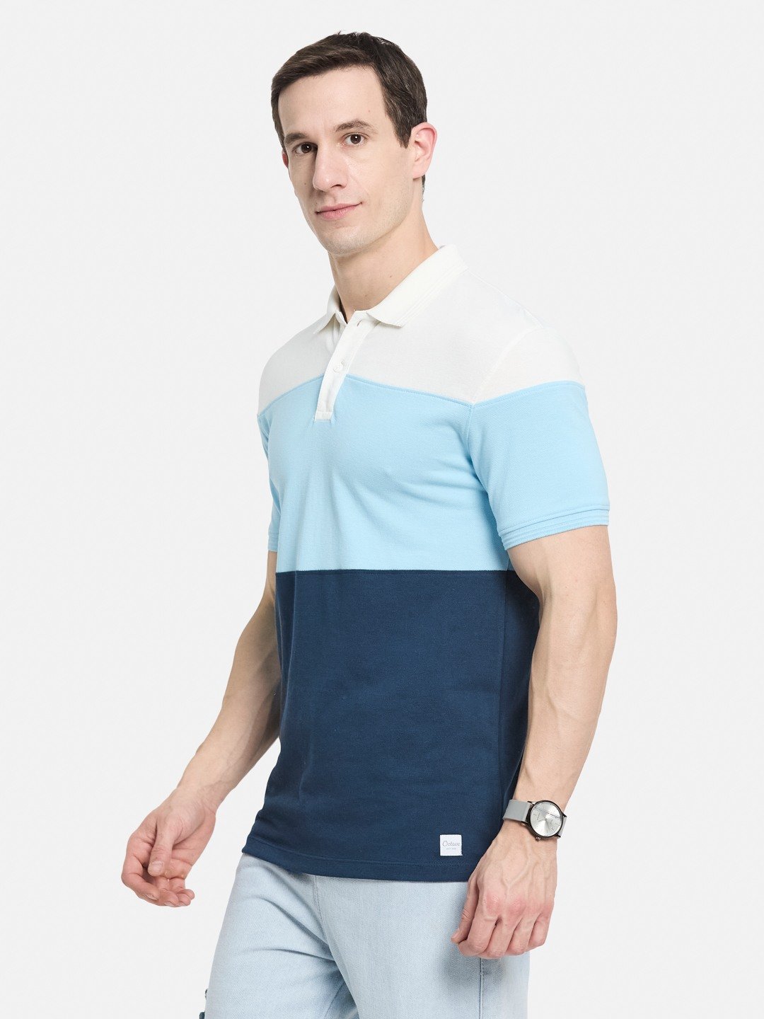 COLOUR BLOCT CUT N SEW POLO NECK PIQUE T-SHIRT