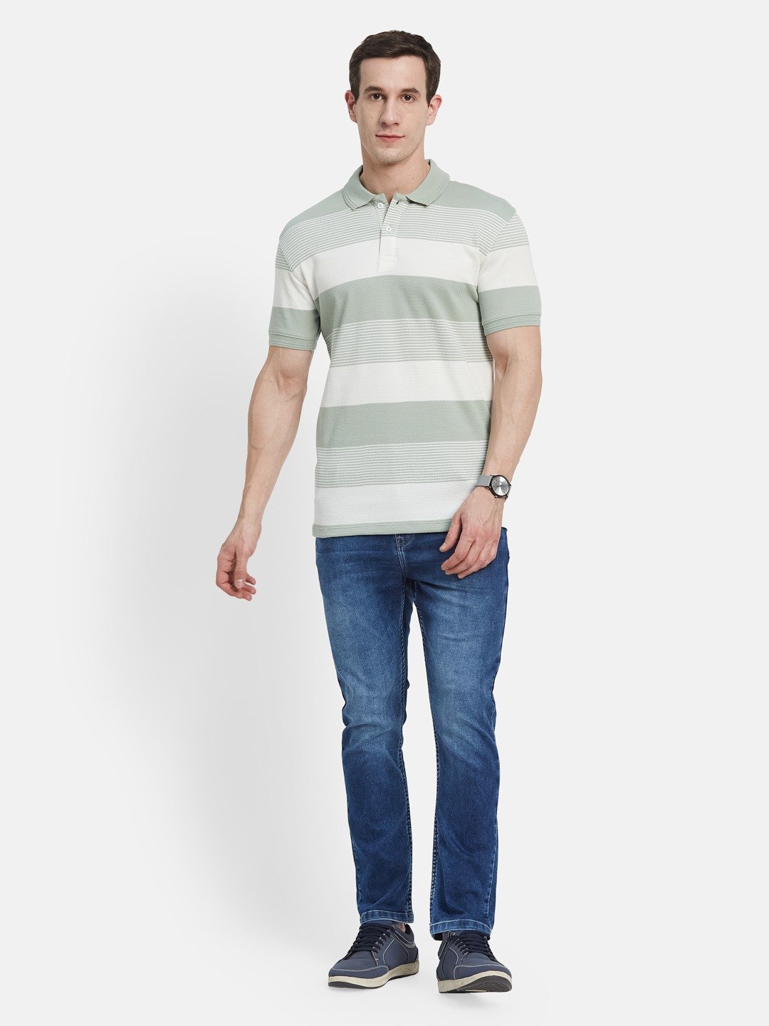 HORIZONTAL STRIPE POLO NECK POPCORN KNIT   T-SHIRT