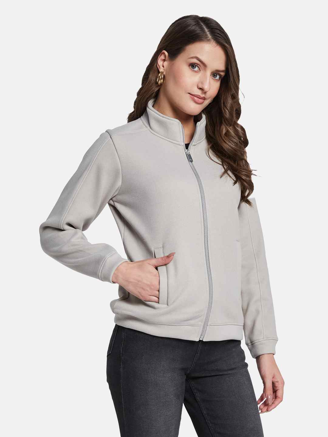METTLE Women Mock Collar Front-Open Sweatshirt