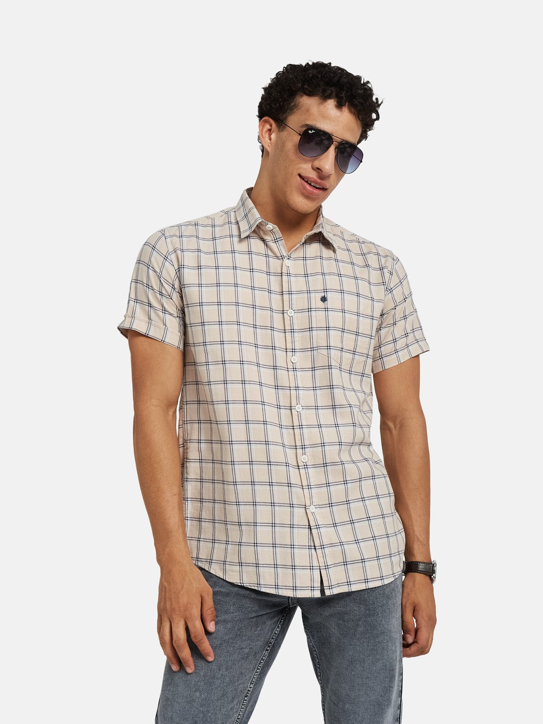 METTLE Checked Short Sleeves Spread Collar Cotton Opaque Regular Fit Casual Shirt