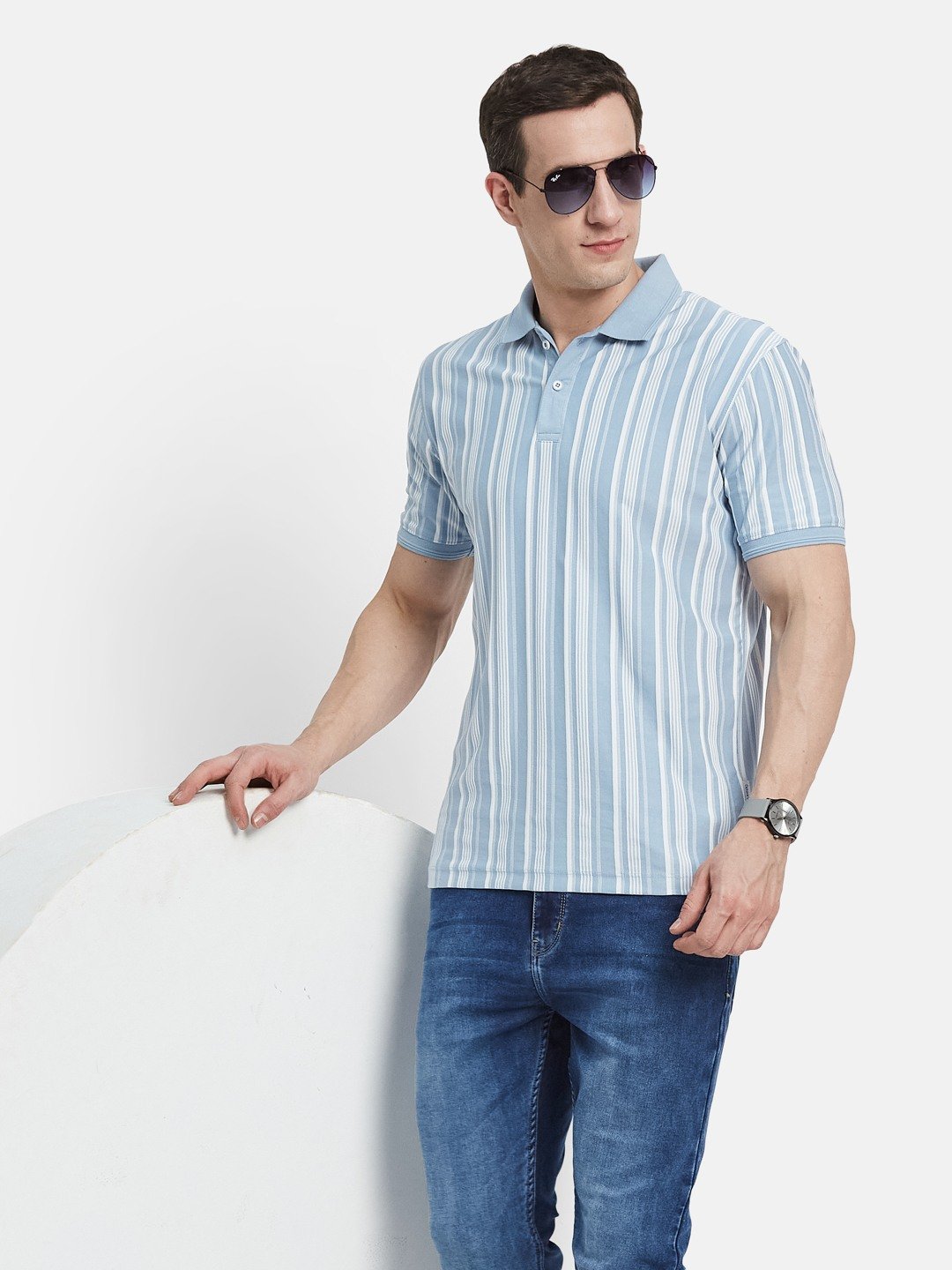 Men Oxford Blue VERTICAL STRIPE POLO NECK T-SHIRT