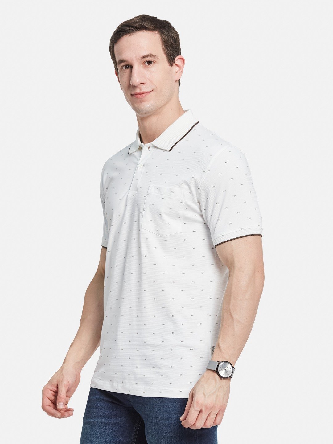 AOP MOTIF PRINT  POLO NECK COTTON  T-SHIRT