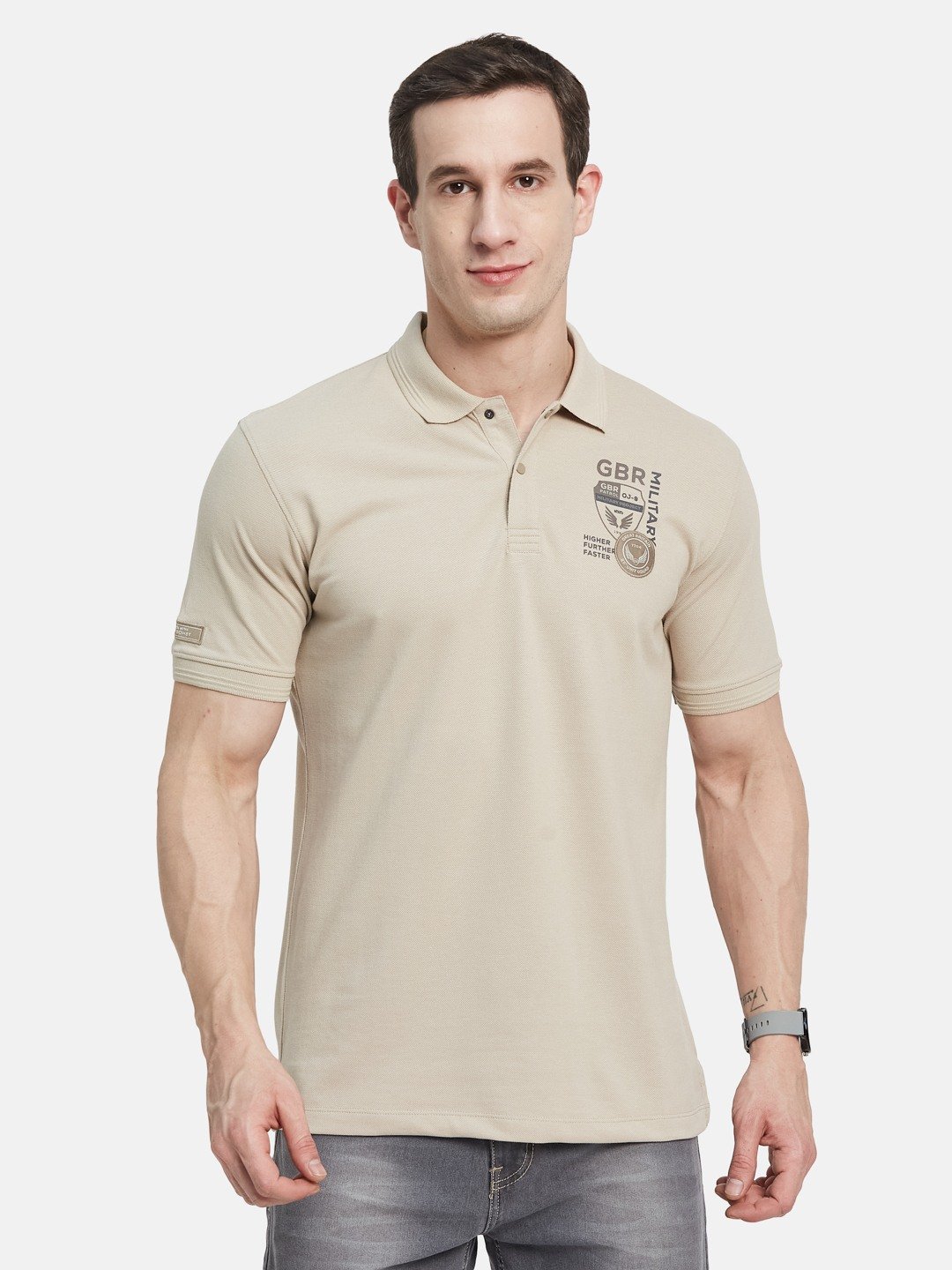 SOLID POLO NECK PIQUE MILLITARY APPLIQUED T-SHIRT