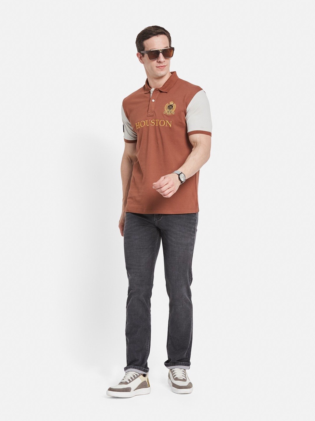 CHEST PRINT POLO NECK EMBROIDED APPLIQUE PIQUE LYCRA T-SHIRT