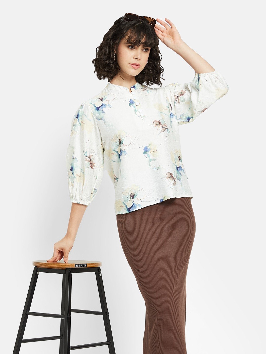 METTLE Off White Floral Print Mandarin Collar Cotton Top