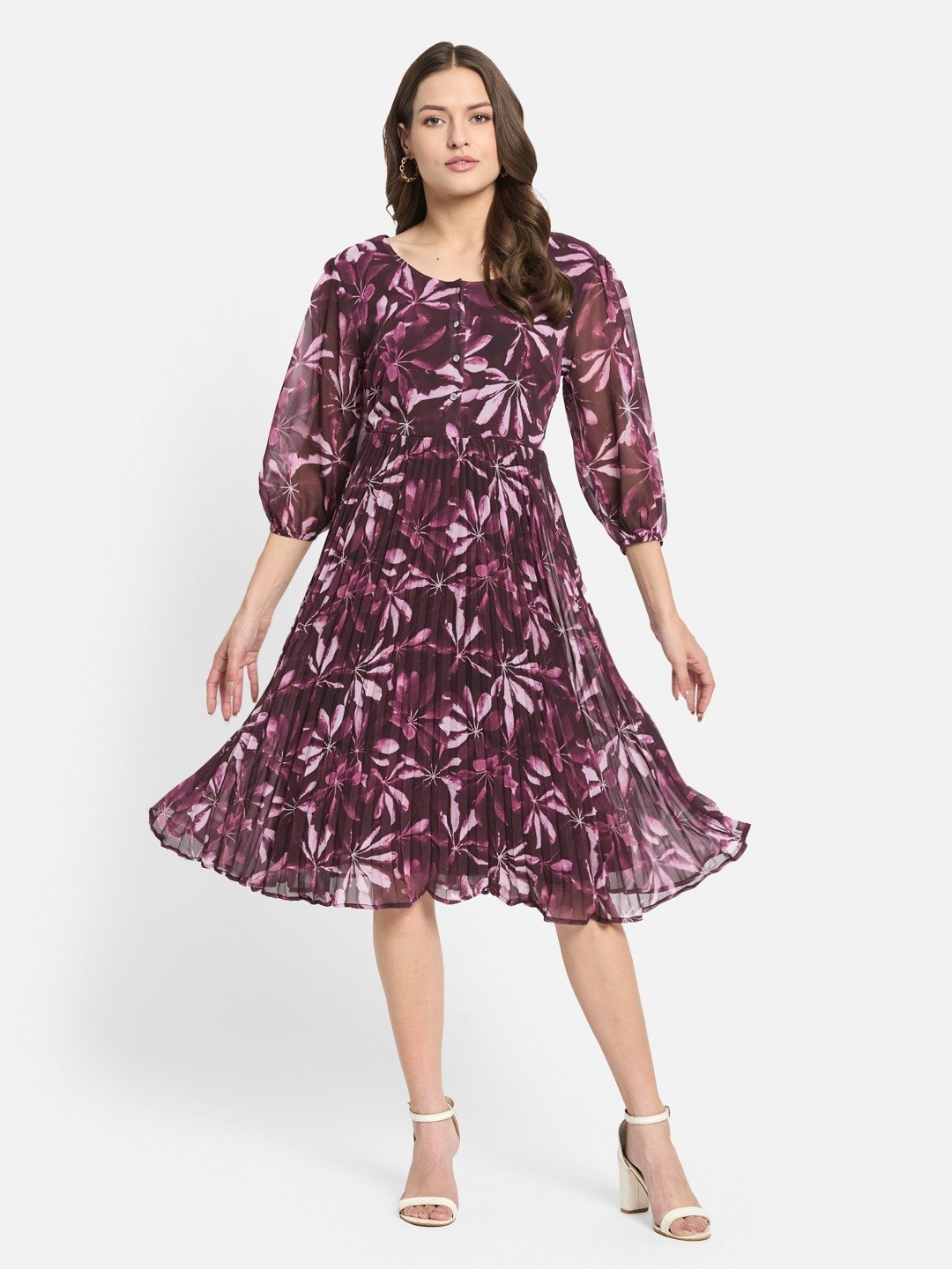METTLE Women Floral Print Puff Sleeve Accordion Pleats Midi Fit & Flare Dress