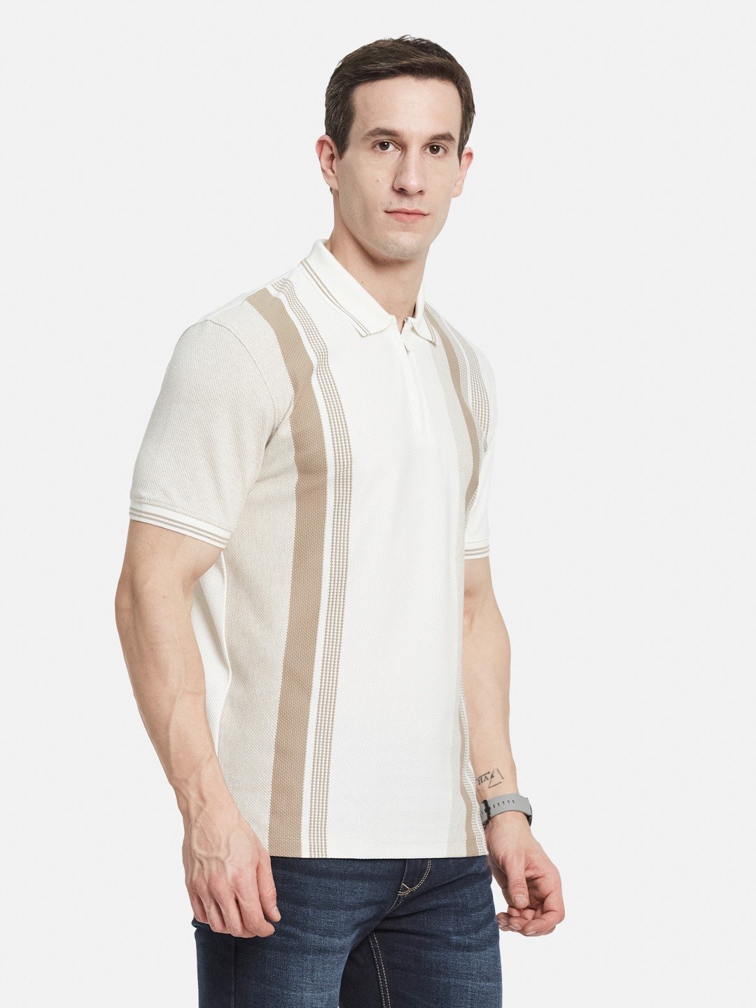 VERTICAL STRIPE  HALF-ZIP POLO NECK POPCORN KNIT LYCRA  T-SHIRT