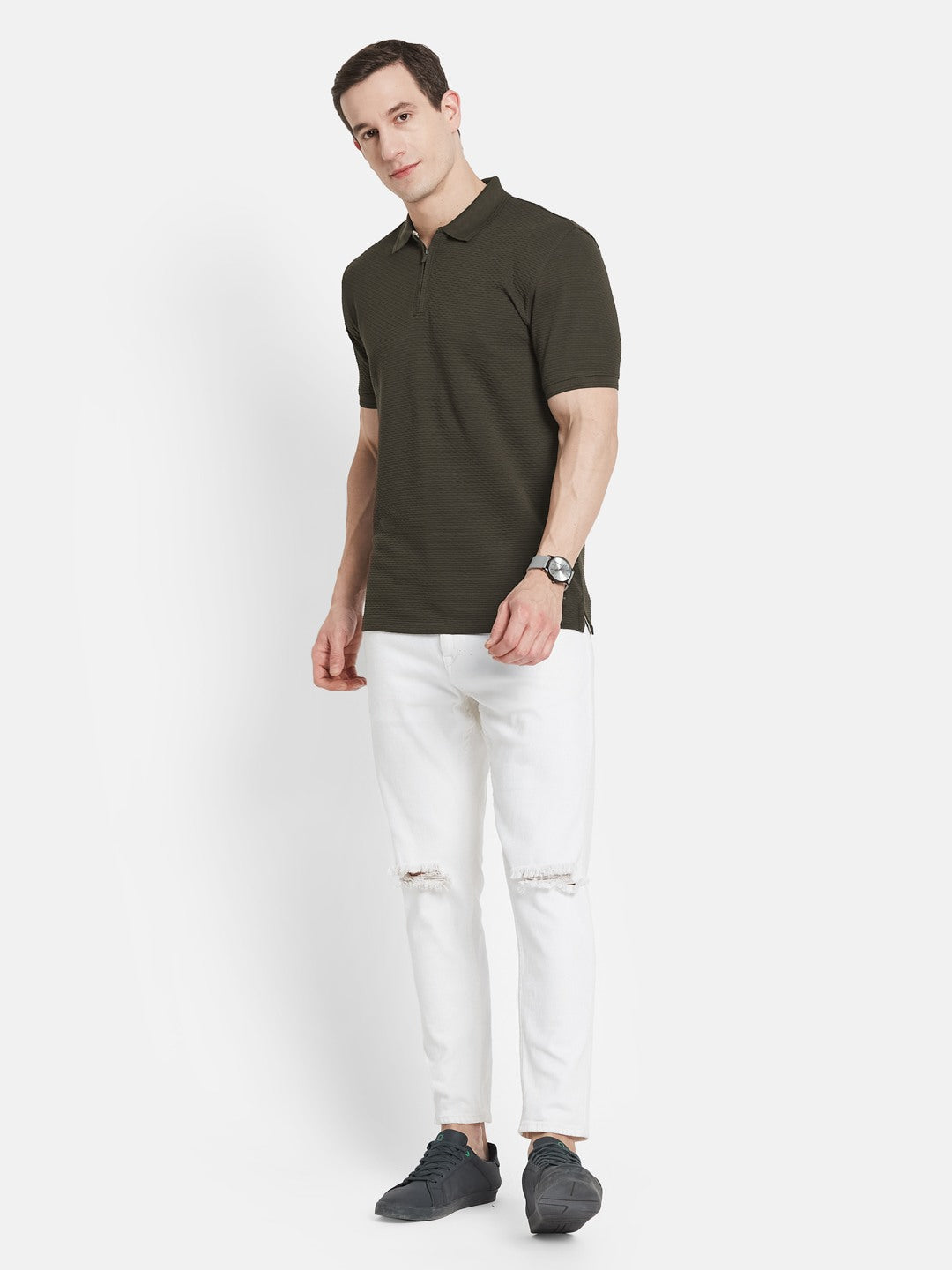 STRUCTURE HALF-ZIP POLO NECK POPCORN KNIT  T-SHIRT
