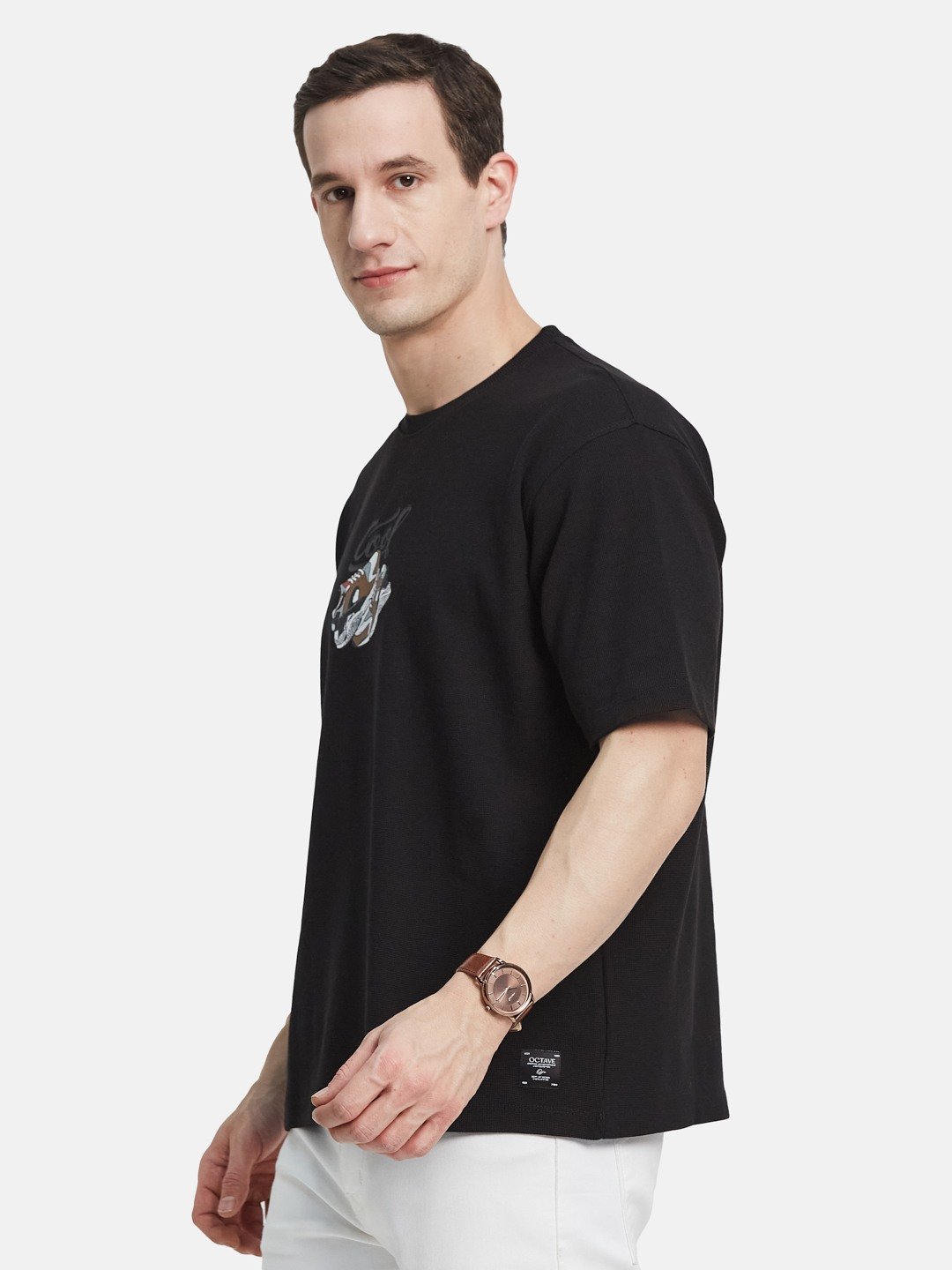 BACK PRINT ROUND NECK WAFFLE KNIT T-SHIRT