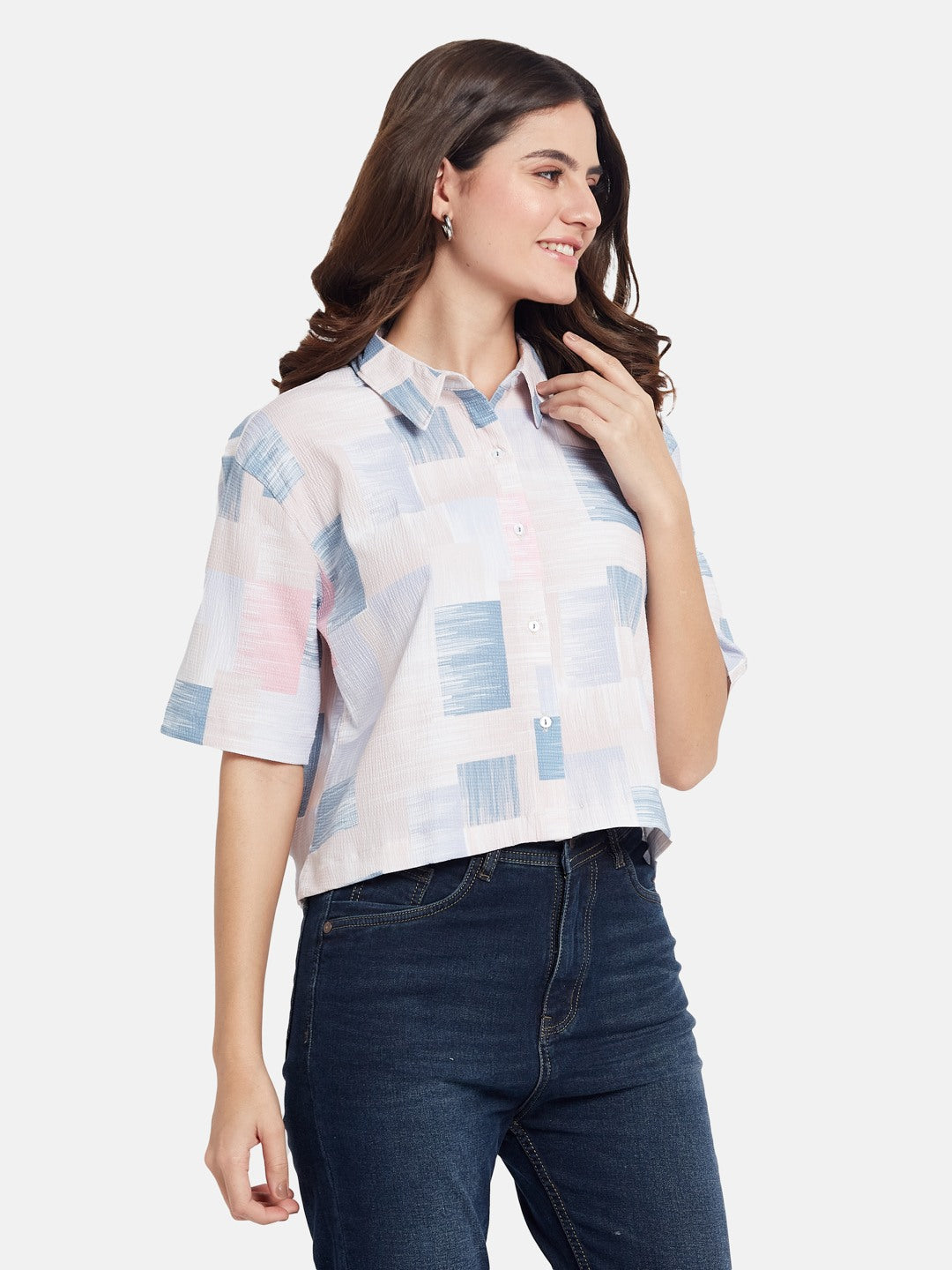 METTLE Women Boxy Fit Abstract Printed Spread Collar Cotton Casual Shirt