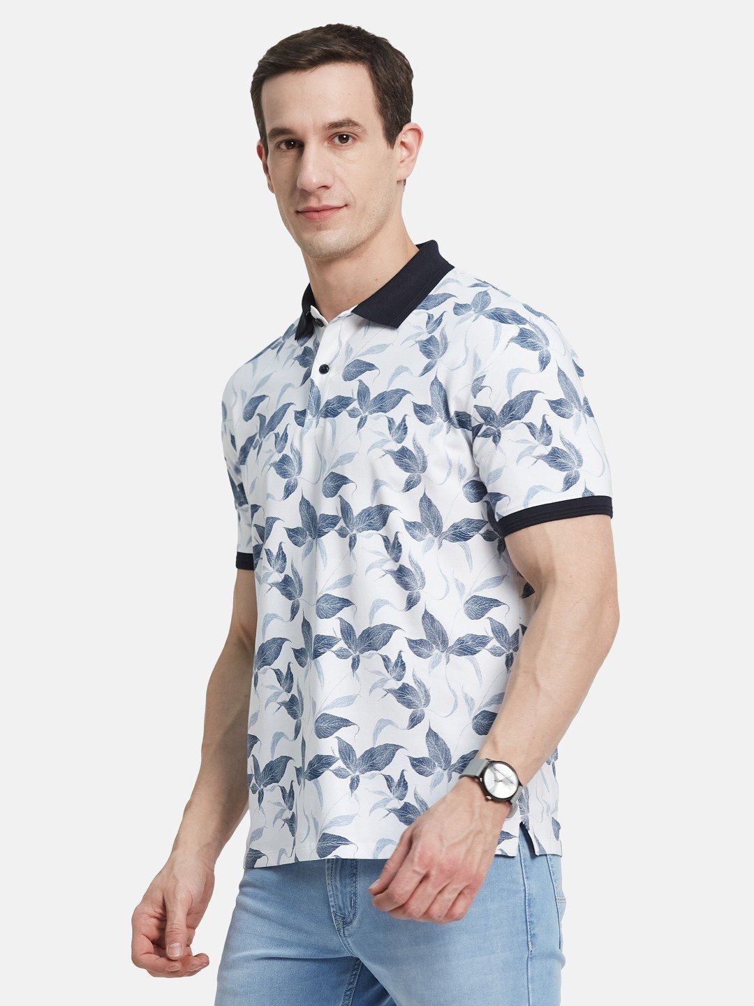 AOP FLORALPRINT  POLO NECK SINGLE JERSEY KNIT LYCRA T-SHIRT