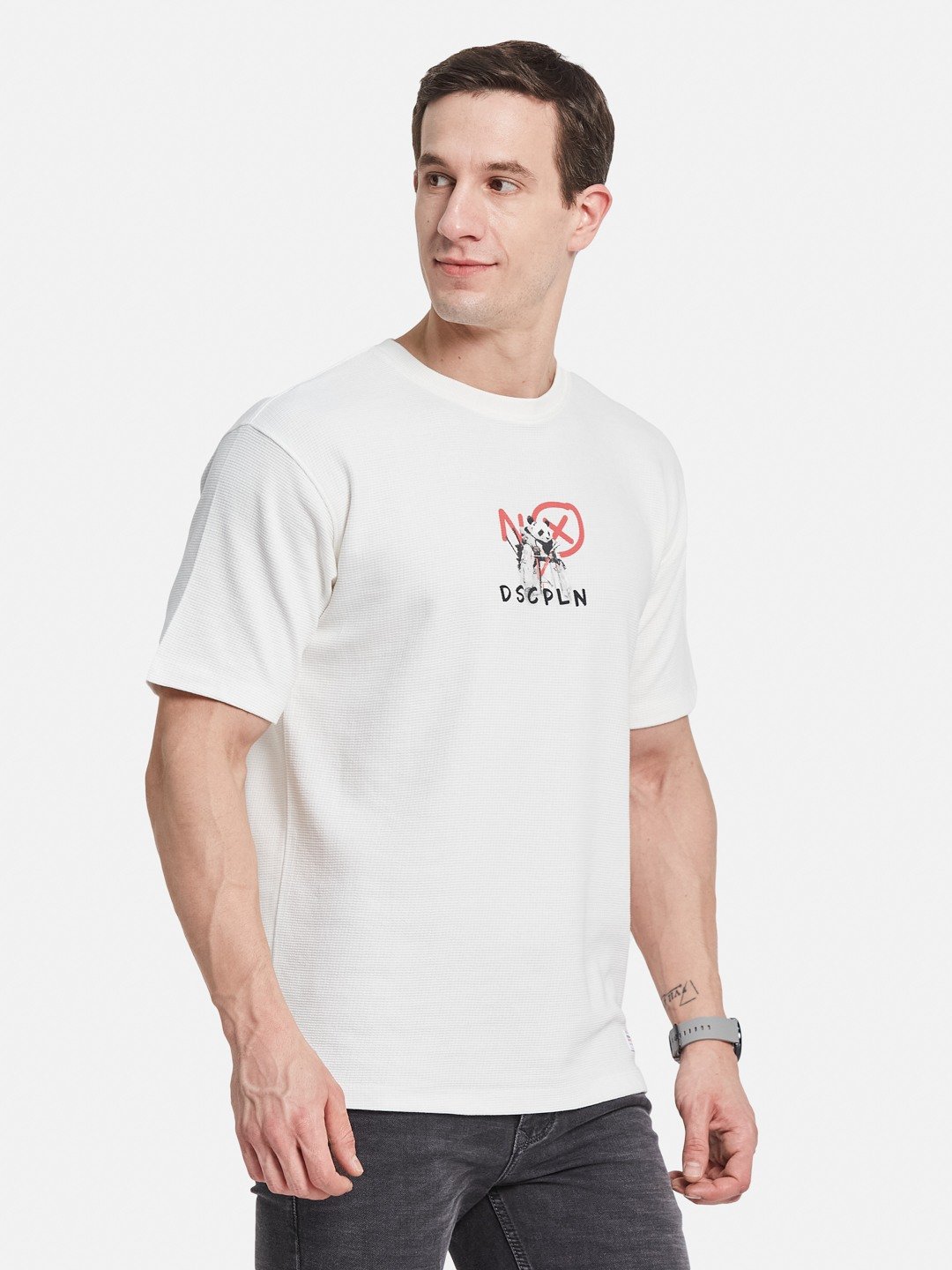 OVERSIZED BACK PRINT ROUND NECK BOX KNIT T-SHIRT